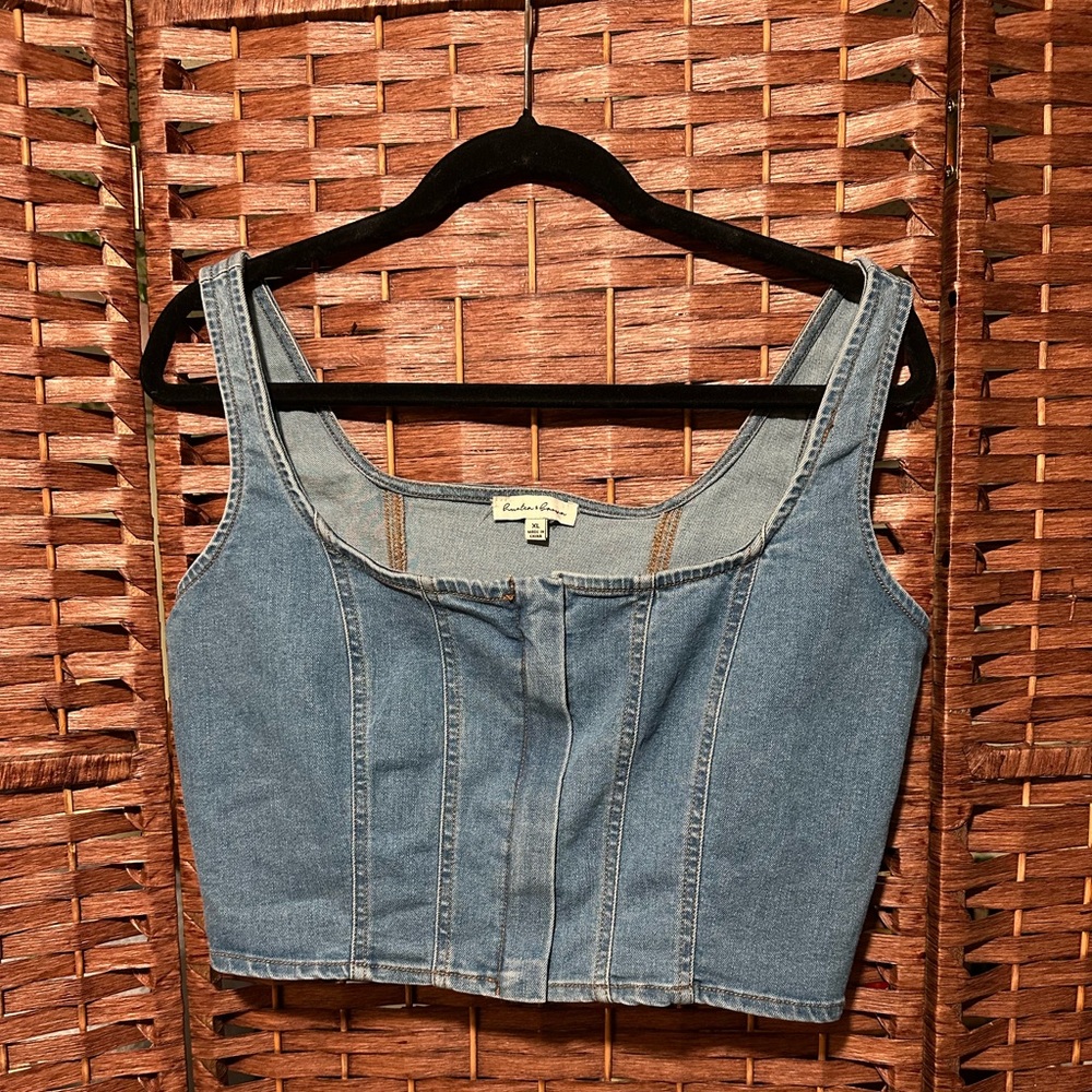 Y2K Women’s Sleeveless Denim Jean Corset Top Front Zip Size XL Hunter & Brown